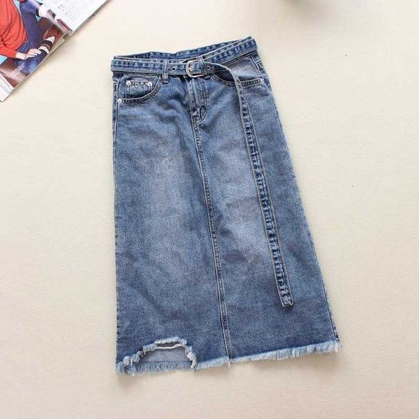 

skirts long split denim women vintage high wasit jeans korean style casual ripped a-line with belt plus size 15d8, Black
