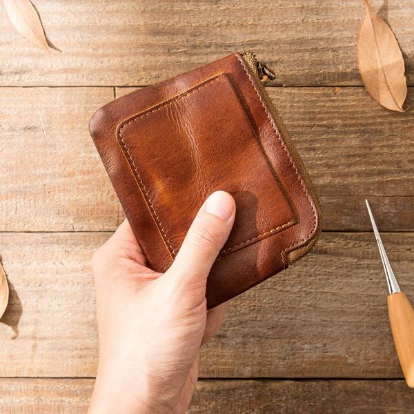 

wallets retro genuine cowhide woman men wallet vintage vegetable tanned leather card holder zipper coin purse key small money bag, Red;black