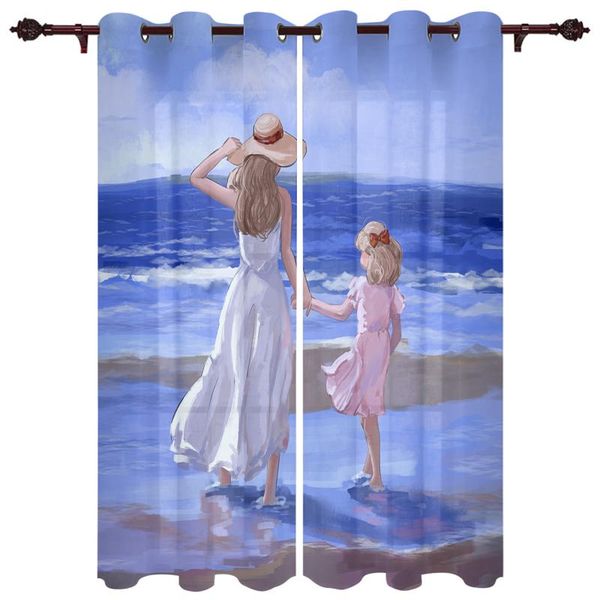 

polyester translucent curtains mother and daughter the sea pattern luxury for living room kitchen bedroom windows curtain & drapes