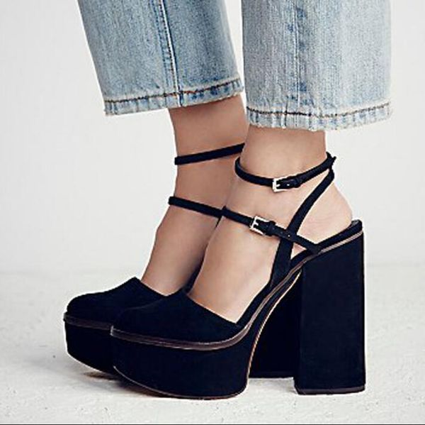 

shoes woman high heels buckle sandals suede platform slingback zapatos mujer summer women ladies, Black