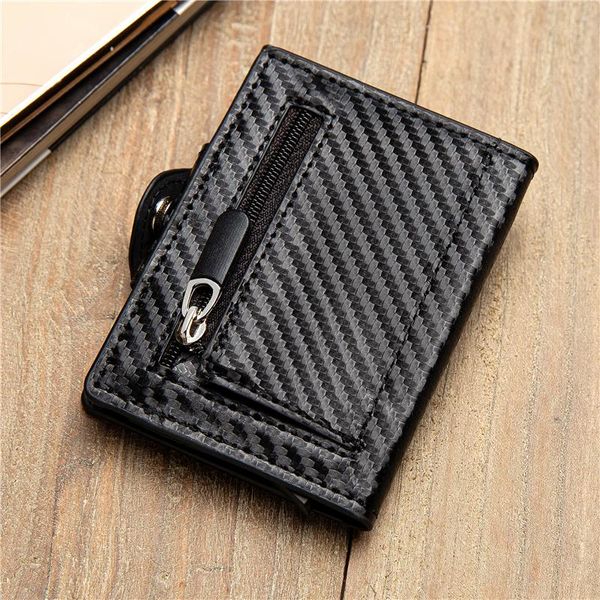 

card holders carbon fiber holder rfid aluminum case up wallet men leather with zipper coin purse, Brown;gray