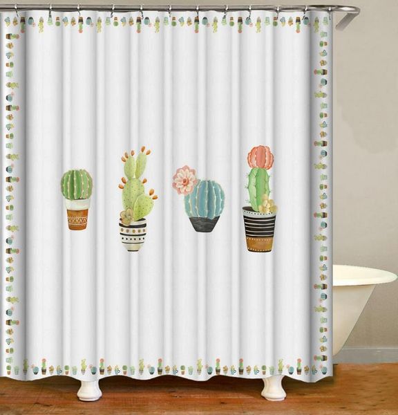 

cartoon cactus potted white shower curtain bath accessories with 12 hooks waterproof polyester fabric bathroom decor curtains