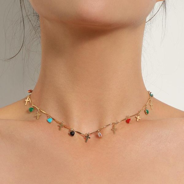 

chokers colorful hearts alloy cross pendants choker necklace for women gold silver color clavicle chain short necklaces simple, Golden;silver