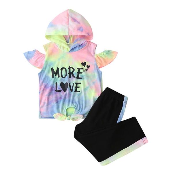 

0-6y fashion kids baby girl clothing short-sleeved tie-dye letter print cold shoulder hooded t-shirt+contrast color pants sets, White