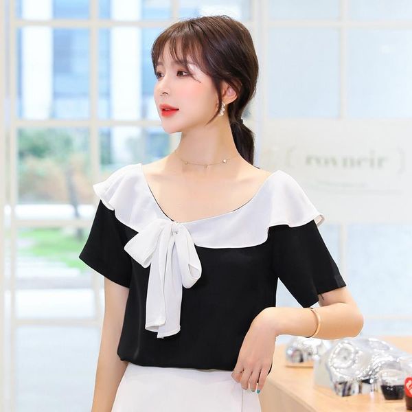 

women's blouses & shirts coigarsam french style blouse women summer ruffles chiffon patchwork blusas womens and black 8806, White