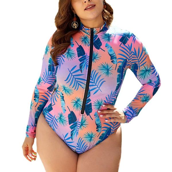 

one-piece suits purple sport zipper long-sleeved triangle one piece swimsuit print leaf swimwear large size bathing suit women beach ba