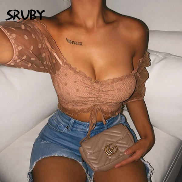

sruby dot mesh see-through blouse women short sleeve blouses slash neck shirt ruched rufflus femme blusas 2021, Black;white