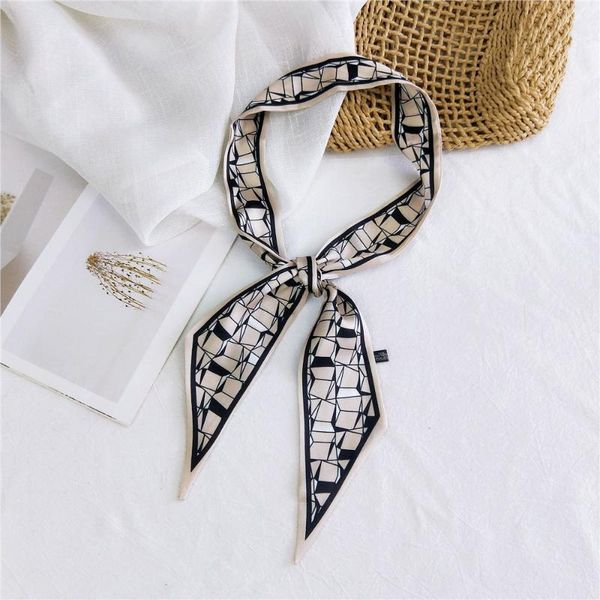 

scarves geometric grid small ribbon tied bag handle silk scarf hair towel head long for women sj262, Blue;gray