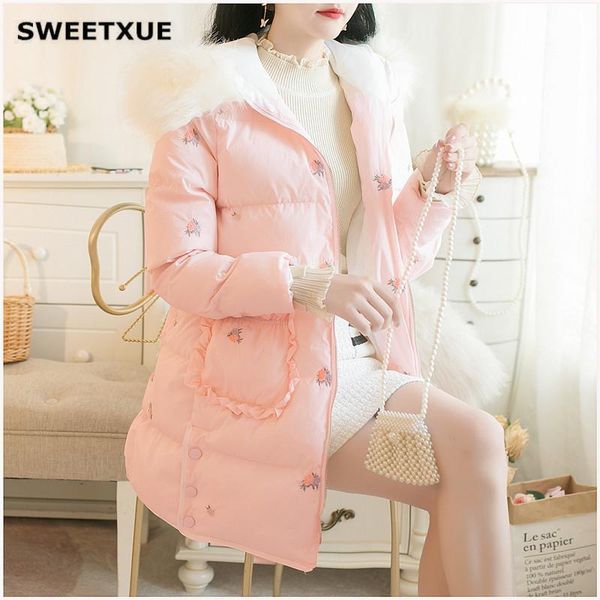 

women's down & parkas sweetxue casual long winter coats zipper hooded fur collar embroidery ladies women's outwear overcoats female, Black