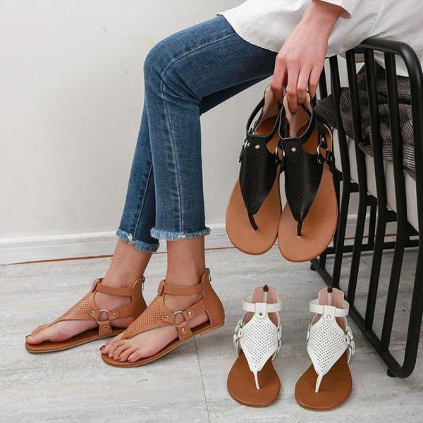 

sandals crrcrrcrr gladiator style women's summer zip-up hollow out ankle strap flip-flops open toe women flat shoes plus size, Black