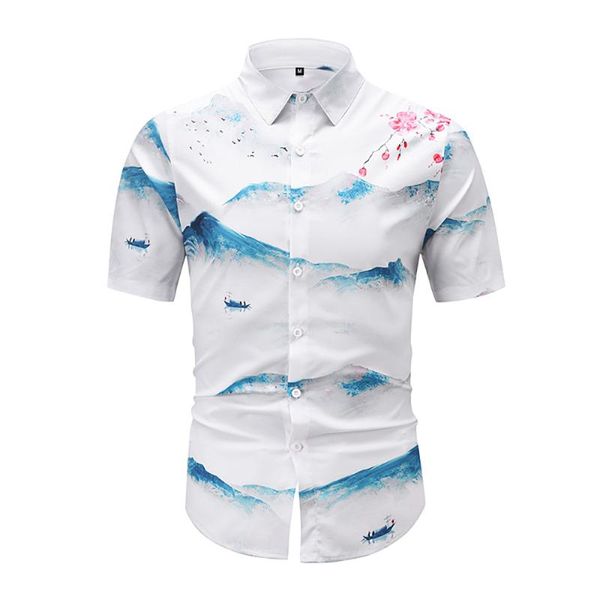 

harajuku men shirts eu size personality print mount fuji cherry blossoms short sleeve fashion business office summer ce017 men's casua, White;black