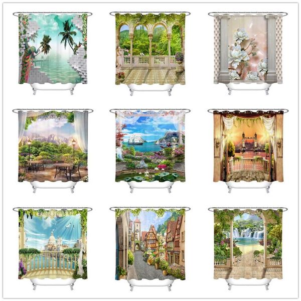 

european landscape architecture shower curtain printed bathroom screens waterproof polyester fabric for bathtub decor curtains