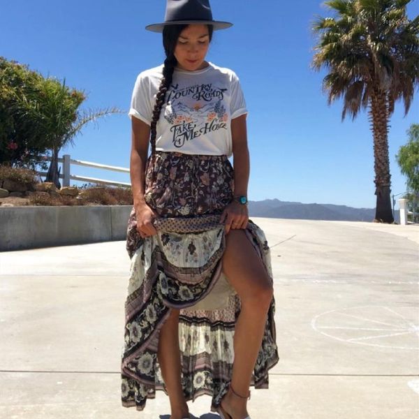 

bohemian stream flower print long skirt stitching ruched ruffle holiday women adjust waist swing skirts beach a615 women's swimwear, White;black