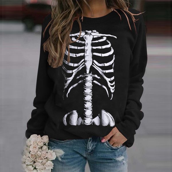 

halloween sweatshirt women's skull print long sleeve round neck sweatshirt, Black