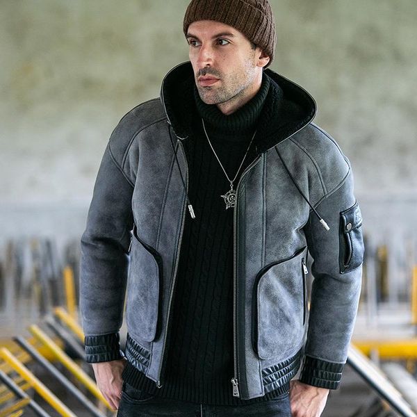 

men's leather & faux fur integrated motorcycle short jacket genuine clothes thickened coat hooded winter 2021, Black