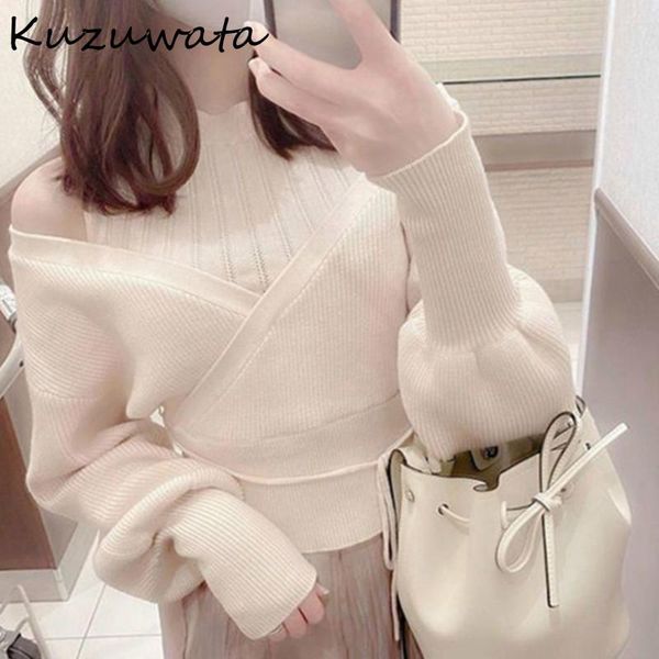 

women's sweaters kuzuwata solid color shoulder strapless women sweet loose drawstring knitted coat spring autumn pullovers, White;black
