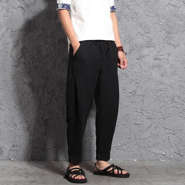 

men's pants retro ankle length loose cotton linen lantern trousers male harem wide leg casual men pleated black navy khaki