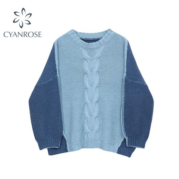 

autumn winter knitted women pullover sweater causal patchwork long sleeve o neck femme loose korean knit jumpers 210515, White;black