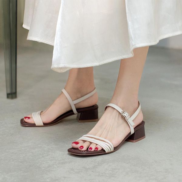 

sandals 2021 summer women's leather simple middle heel thick one line roman open toe shoes, Black