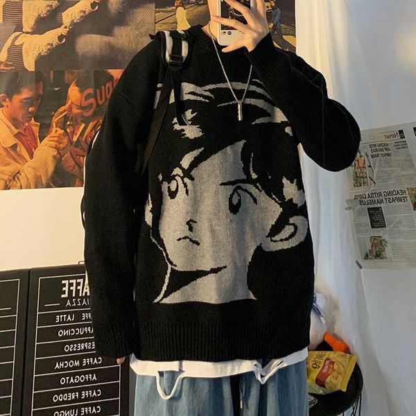 

men's sweaters 2021 maiden harajuku vintage streetwear knitted sweater autumn winter loose thicken warm hip hop pullover men top, White;black