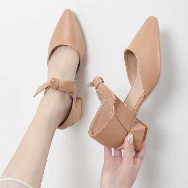 

summer 2021 pointed bow sandals for women with chunky heels and two single shoes women's casual, Black