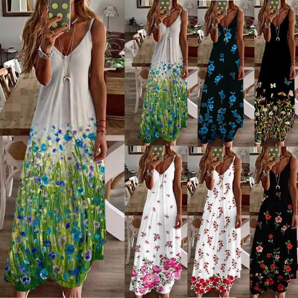 

casual dresses flower print beach woman dress sling maxi boho sundress loose long slip v-neck vestidos mujer verano 2021, Black;gray