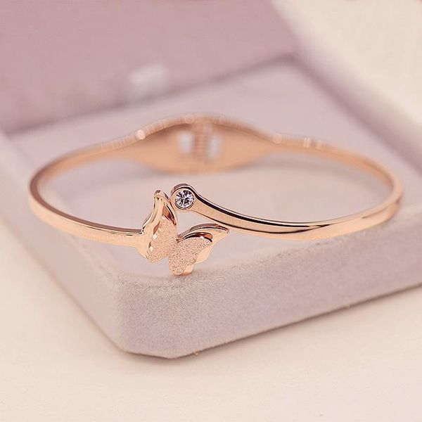 

bangle japanese and korean temperament 18k rose gold titanium steel three-dimensional frosted butterfly bracelet, Black