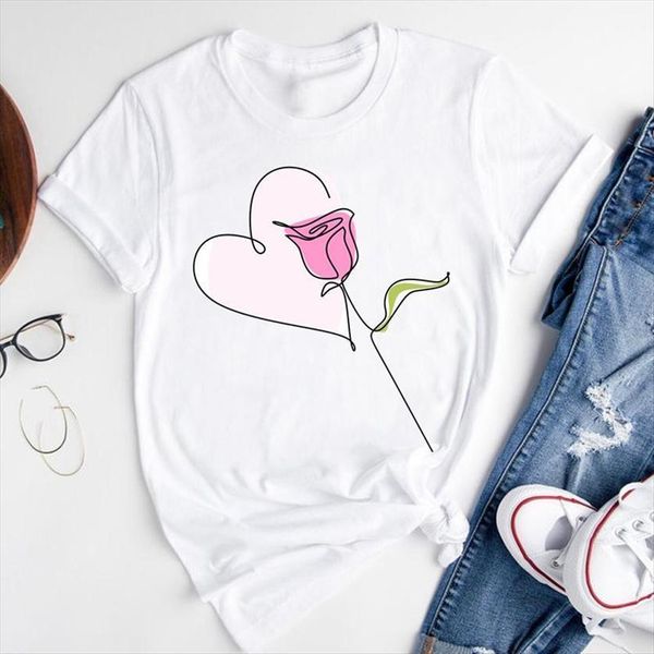 

graphic cartoon floral flower womens love cute short sleeve summer fashion print female clothes tees t shirt, White