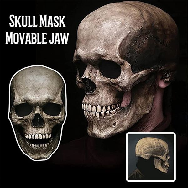 Новый череп маска костного груди кусок Хэллоуин костюм ужасов злой латекс резина полная головная шлем с подвижной челюстью страшный готический