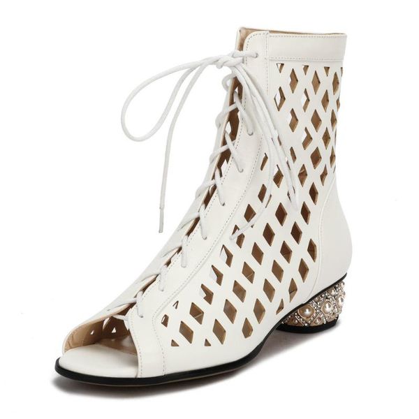 

boots genuine leather gladiator sandals women fashion opentoe hollow summer ankle woman crystal heel shoes beige size 33, Black