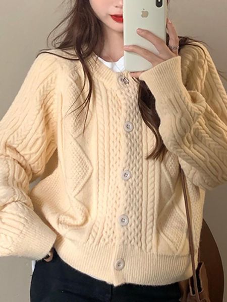 

women's knits & tees sweater loose outer wear autumn and winter 2021 hong kong style versatile short twist knitted cardigan coat, White