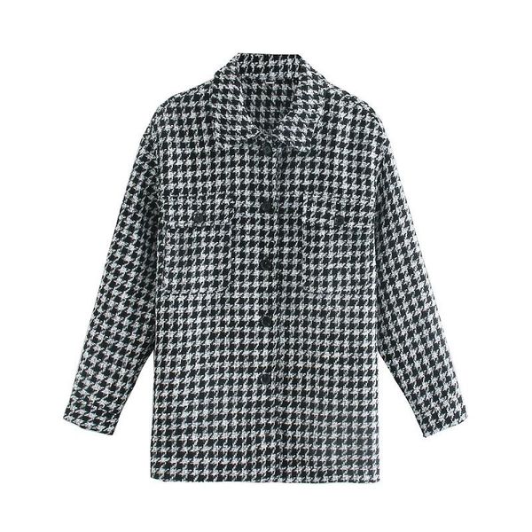 

women plaid tweed coats jacket loose long sleeves pocket 2021 ladies elegant autumn winter print coat for streetwear women's jackets, Black;brown
