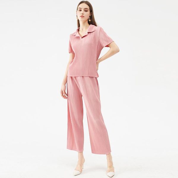 

miyake pleated pink suit 2021 summer outfits women office lady two piece set aesthetic korean fashion clothes, White