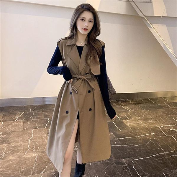 

women's trench coats autumn coat vest windbreaker trend double-breasted with belt sleeveless long overcoat female b627, Tan;black