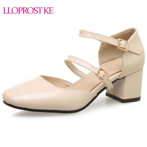 

dress shoes lloprost ke 2021 women spring summer pumps thick heels buckle med heel lady square toe plus size 32-46 my179, Black