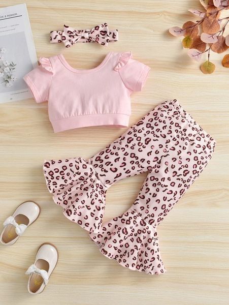 

baby ruffle trim & leopard print flare leg pants & headband she, White