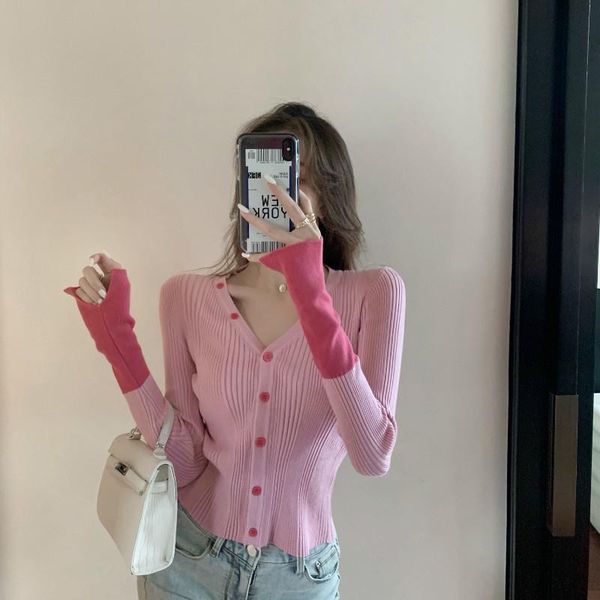 

women's knits & tees thin color matching sweater 2021 autumn outerwear long sleeve cardigan jacket v-neck bottoming shirt, White