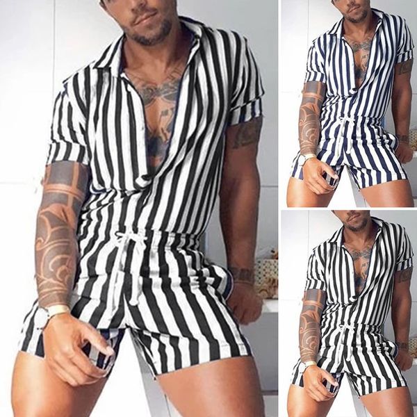 

men's shirts ummer 2021 triped lapel hort leeve jumpuit, White;black