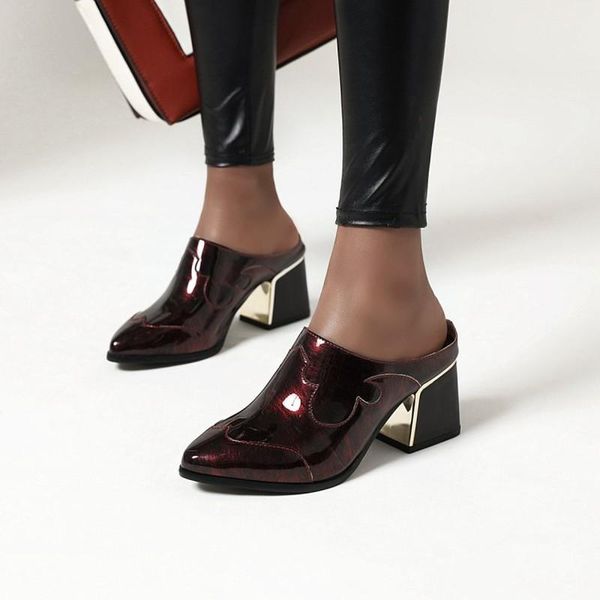 

dress shoes red green patent leather high heel sewing woman pointed toe square party summer mules sandals womens, Black