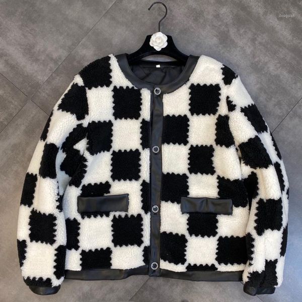 

women's jackets prepomp 2021 winter arrival long sleeve o neck faux leather fur thick cotton coat women black white plaid jacket gc845, Black;brown