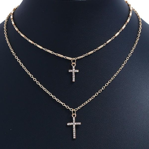 

chokers adjustable dual layers cross pendant necklace crystal chain fashion jewelry accessory for women gifts, Golden;silver