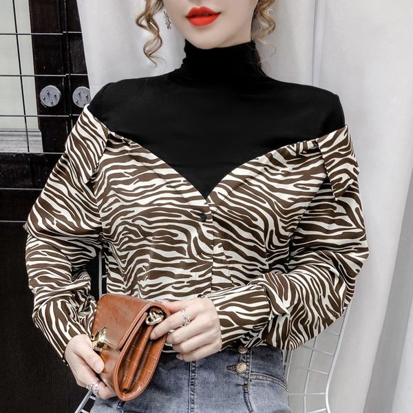

women's t-shirt 2021 korean harajuku patchwork t shirts fake two pieces leopard striped long sleeve casual turtleneck women tees, White