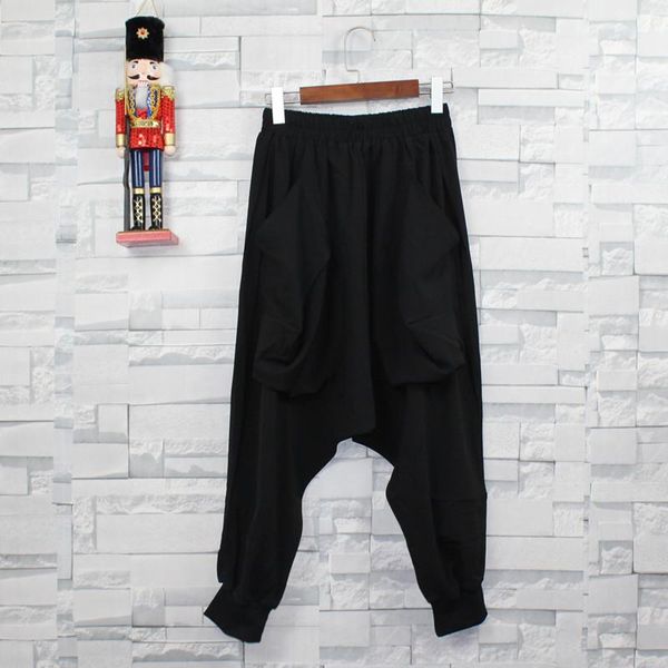 

men's pants summer solid color elastic waist low loose fashion trend harun korean version slim nine - minute foot, Black