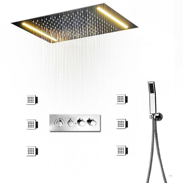 

thermostatic 3 functions shower set led concealed ceiling large rain showerhead 360x500mm bathroom mixer 2 inch body jets sets