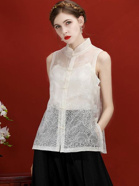 

skirts summer fashion blouses women organza embroidery vintage qipao button sleeveless orange white black shirt 3xl size