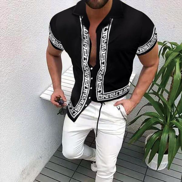 

men's casual shirts summer printed hawaii 2021 brand streetwear clothing cardigan high-end short sleeve dress shirt, White;black