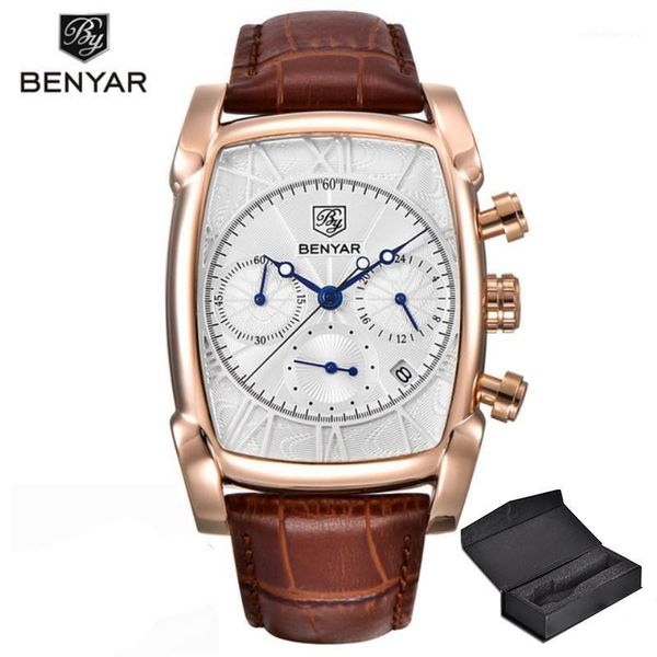 

relogio masculino mens watches benyar chronograph leather quartz watch men military sport luminous wristwatch wristwatches, Slivery;brown