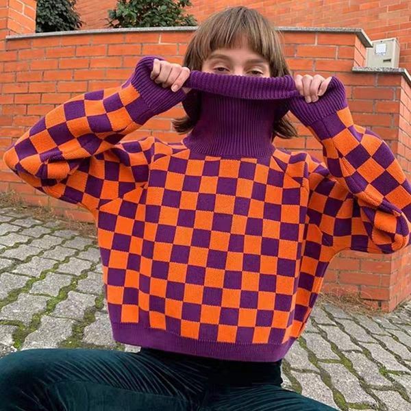 

women's sweaters harajuku checkerboard turtleneck sweater warm cozy pullover jumper knit for women /, White;black