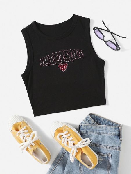 

rhinestone letter & heart pattern tank h1tm#, White