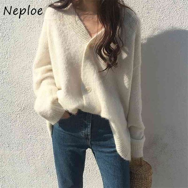 

casual loose v neck single breasted female cardigan knitted open stitch jumpers winter full sleeve women sweater 210422, White;black